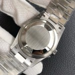 Sunday date display series women's watch, ice blue dial, silver bezel, 36mm, silver President-style bracelet.