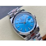 Sunday date display series women's watch, blue dial, silver bezel, 36mm, silver President-style bracelet.