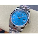 Sunday date display series women's watch, blue dial, silver bezel, 36mm, silver President-style bracelet.