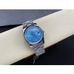 Sunday date display series women's watch, blue dial, silver bezel, 36mm, silver President-style bracelet.