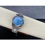 Sunday date display series women's watch, blue dial, silver bezel, 36mm, silver President-style bracelet.