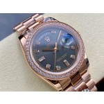 Sunday calendar series women's watch, black dial, diamond-set bezel, 36mm, rose gold President-style bracelet.