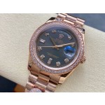Sunday calendar series women's watch, black dial, diamond-set bezel, 36mm, rose gold President-style bracelet.