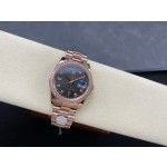Sunday calendar series women's watch, black dial, diamond-set bezel, 36mm, rose gold President-style bracelet.