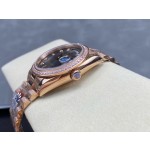 Sunday calendar series women's watch, black dial, diamond-set bezel, 36mm, rose gold President-style bracelet.