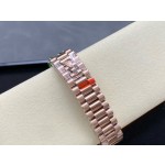 Sunday calendar series women's watch, black dial, diamond-set bezel, 36mm, rose gold President-style bracelet.