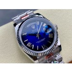 Sunday date display series women's watch, gradient blue dial, silver bezel, 36mm, silver President-style bracelet.