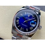 Sunday date display series women's watch, gradient blue dial, silver bezel, 36mm, silver President-style bracelet.