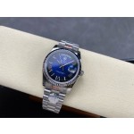 Sunday date display series women's watch, gradient blue dial, silver bezel, 36mm, silver President-style bracelet.