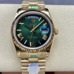 Sunday date display series women's watch with gradient green dial, gold bezel, 36mm case, and gold President-style bracelet.