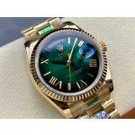 Sunday date display series women's watch with gradient green dial, gold bezel, 36mm case, and gold President-style bracelet.