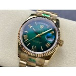 Sunday date display series women's watch with gradient green dial, gold bezel, 36mm case, and gold President-style bracelet.