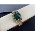 Sunday date display series women's watch with gradient green dial, gold bezel, 36mm case, and gold President-style bracelet.