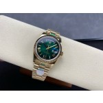 Sunday date display series women's watch with gradient green dial, gold bezel, 36mm case, and gold President-style bracelet.