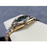 Sunday date display series women's watch with gradient green dial, gold bezel, 36mm case, and gold President-style bracelet.