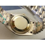 Sunday date display series women's watch with gradient green dial, gold bezel, 36mm case, and gold President-style bracelet.