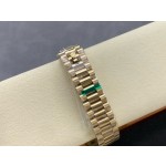 Sunday date display series women's watch with gradient green dial, gold bezel, 36mm case, and gold President-style bracelet.