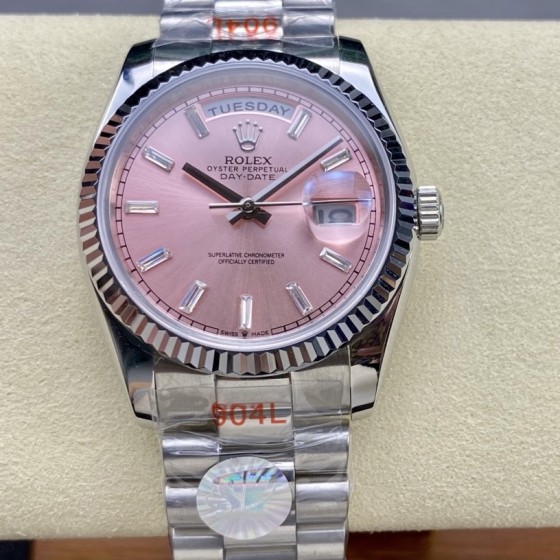 Sunday date display series women's watch, pink dial, silver bezel, 36mm, silver President-style bracelet.