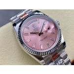 Sunday date display series women's watch, pink dial, silver bezel, 36mm, silver President-style bracelet.