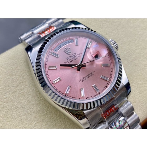 Sunday date display series women's watch, pink dial, silver bezel, 36mm, silver President-style bracelet.
