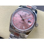 Sunday date display series women's watch, pink dial, silver bezel, 36mm, silver President-style bracelet.