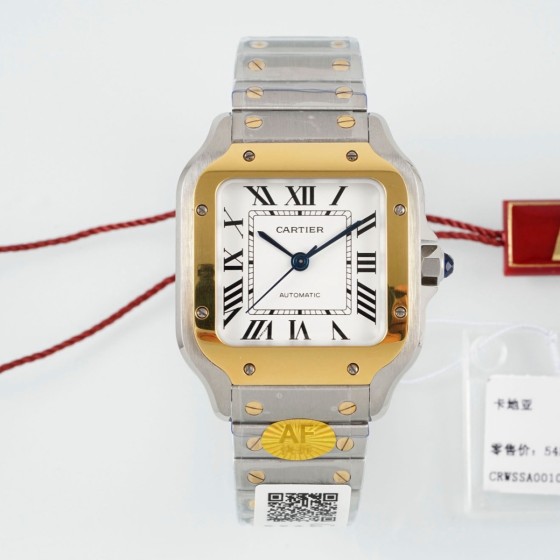 Cartier Santos Ladies' Mechanical Watch 35mm, Gold Bezel, Silver Strap