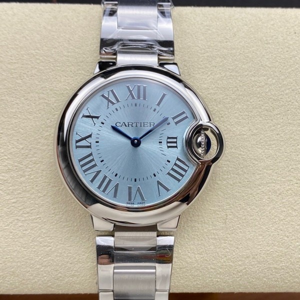 Cartier Ballon Bleu series, 33mm women's watch with ice blue dial, silver strap, quartz watch.