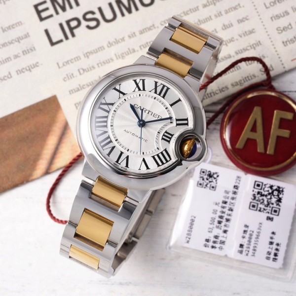 Cartier Ballon Bleu series, 33mm women's watch with silver dial, gold and silver strap, mechanical movement.