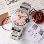 Cartier Ballon Bleu series, pink dial, 33mm women's watch, silver strap, mechanical movement.