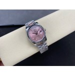Sunday date display series women's watch, pink dial, silver bezel, 36mm, silver President-style bracelet.