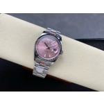 Sunday date display series women's watch, pink dial, silver bezel, 36mm, silver President-style bracelet.