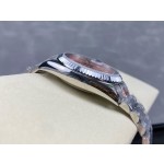 Sunday date display series women's watch, pink dial, silver bezel, 36mm, silver President-style bracelet.