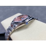 Sunday date display series women's watch, pink dial, silver bezel, 36mm, silver President-style bracelet.