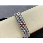 Sunday date display series women's watch, pink dial, silver bezel, 36mm, silver President-style bracelet.