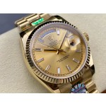 Sunday date display series women's watch, gold dial, gold bezel, 36mm, gold President-style bracelet.