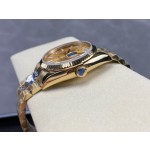 Sunday date display series women's watch, gold dial, gold bezel, 36mm, gold President-style bracelet.