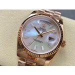 Sunday date display series women's watch, mother-of-pearl dial, rose gold bezel, 36mm, rose gold President-style bracelet.