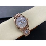 Sunday date display series women's watch, mother-of-pearl dial, rose gold bezel, 36mm, rose gold President-style bracelet.