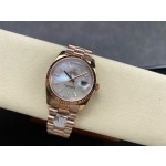 Sunday date display series women's watch, mother-of-pearl dial, rose gold bezel, 36mm, rose gold President-style bracelet.