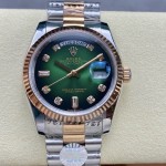 Sunday date display series women's watch with gradient green dial, rose gold bezel, 36mm case, and two-tone President-style bracelet.