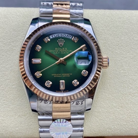 Sunday date display series women's watch with gradient green dial, rose gold bezel, 36mm case, and two-tone President-style bracelet.