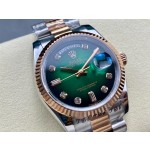 Sunday date display series women's watch with gradient green dial, rose gold bezel, 36mm case, and two-tone President-style bracelet.