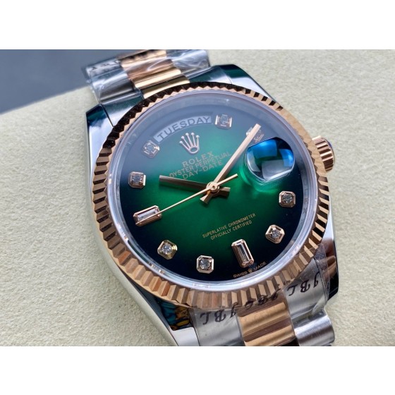 Sunday date display series women's watch with gradient green dial, rose gold bezel, 36mm case, and two-tone President-style bracelet.