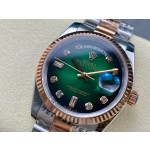 Sunday date display series women's watch with gradient green dial, rose gold bezel, 36mm case, and two-tone President-style bracelet.