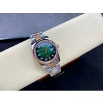 Sunday date display series women's watch with gradient green dial, rose gold bezel, 36mm case, and two-tone President-style bracelet.