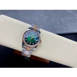 Sunday date display series women's watch with gradient green dial, rose gold bezel, 36mm case, and two-tone President-style bracelet.