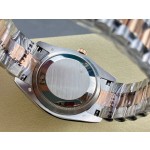 Sunday date display series women's watch with gradient green dial, rose gold bezel, 36mm case, and two-tone President-style bracelet.