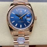 Sunday date display series women's watch, blue dial, rose gold bezel, 36mm, rose gold President-style bracelet.