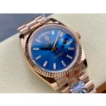Sunday date display series women's watch, blue dial, rose gold bezel, 36mm, rose gold President-style bracelet.