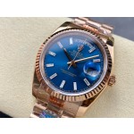 Sunday date display series women's watch, blue dial, rose gold bezel, 36mm, rose gold President-style bracelet.